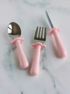 Grabease 3-Piece Stainless Steel Utensil Set For Independent Self-Feeding: Fork, Spoon & Curve-Tip Safety Knife For 18 Months & Up