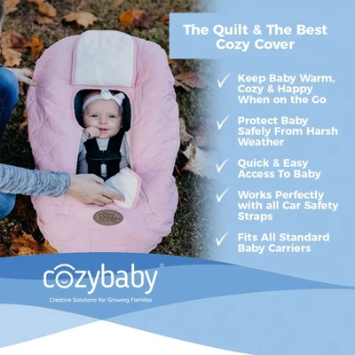CozyBaby Cozy Cover Quilted Infant Car Seat Insulating Cover W/Dual Zippers, Face Shield, & Elastic Edge For Travel During Winter Months, Light Pink 4 CozyBaby Cozy Cover Quilted Infant Car Seat Insulating Cover W/Dual Zippers, Face Shield, & Elastic Edge For Travel During Winter Months, Light Pink - Image 4