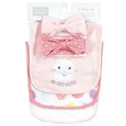 Hudson Baby Infant Girl Cotton Bib And Headband Or Caps Set, Happy Easter, 0-9 Months