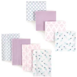 Hudson Baby Infant Girl Cotton Flannel Burp Cloths And Receiving Blankets, 8-Piece, Peacock Feather, One Size