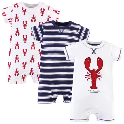 Touched By Nature Baby Boy Organic Cotton Rompers 3pk, Lobster 4 Touched By Nature Baby Boy Organic Cotton Rompers 3pk, Lobster - Image 4
