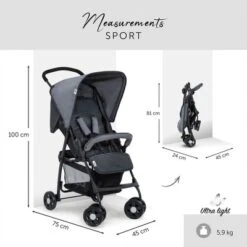 Hauck Sport T13 Lightweight Compact Foldable Stroller Pushchair With UV Protected Canopy And Swiveling And Lockable Front Wheels, Charcoal Stone