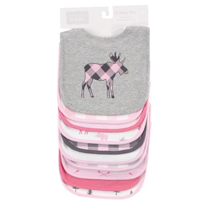 Hudson Baby Infant Girl Cotton Bibs, Pink Plaid Moose, One Size 1 Hudson Baby Infant Girl Cotton Bibs, Pink Plaid Moose, One Size
