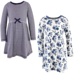 Touched By Nature Big Girls And Youth Organic Cotton Long-Sleeve Dresses 2pk, Navy Floral