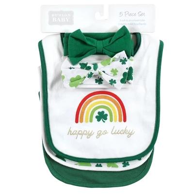 Hudson Baby Infant Girl Cotton Bib And Headband Or Caps Set, St Patricks Rainbow, 0-9 Months 1 Hudson Baby Infant Girl Cotton Bib And Headband Or Caps Set, St Patricks Rainbow, 0-9 Months