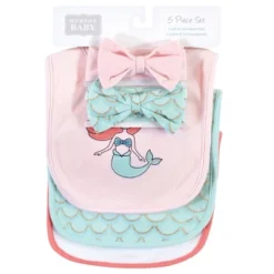Hudson Baby Infant Girl Cotton Bib And Headband Or Caps Set, Coral Mint Mermaid, One Size
